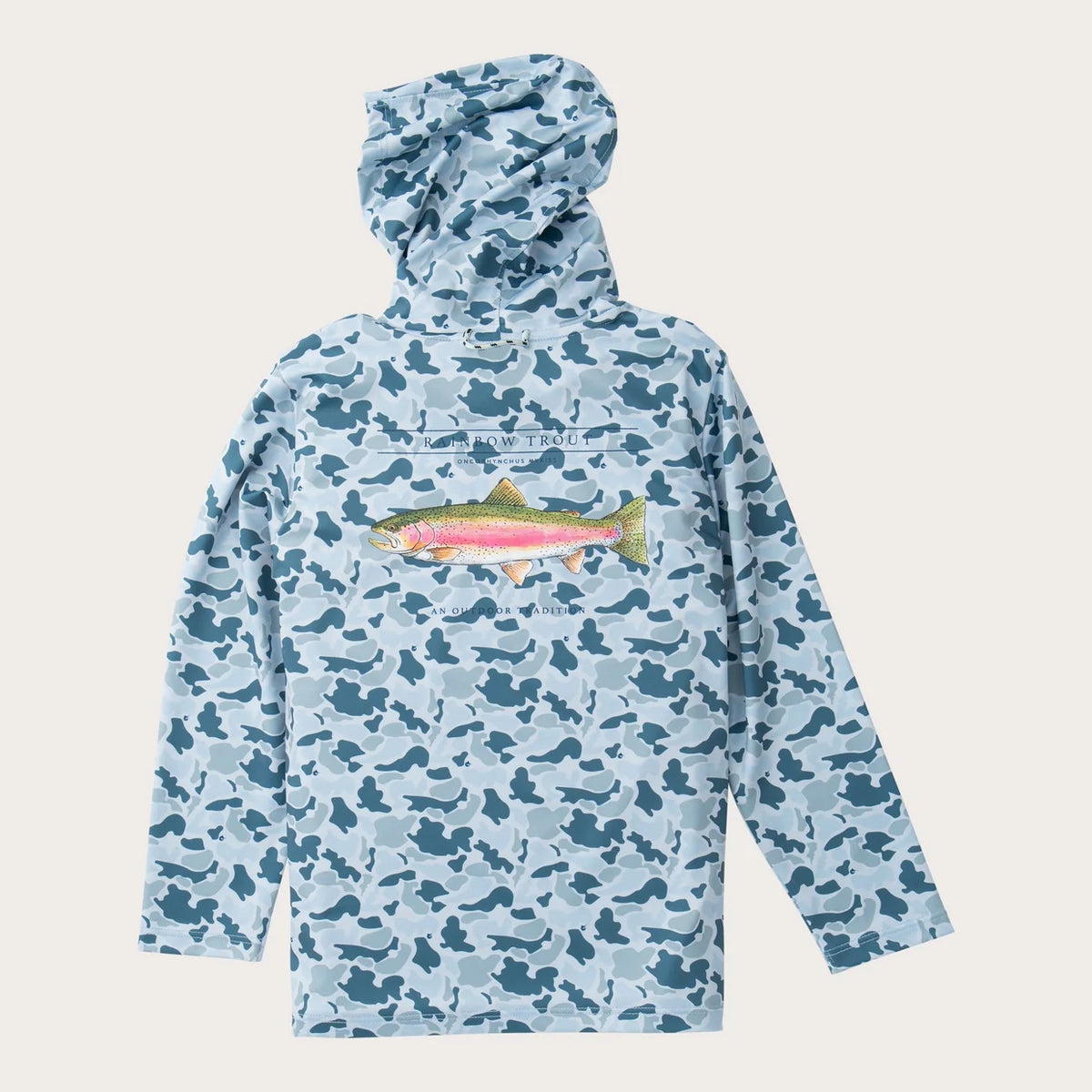 Boys Pro Performance Hoodie T-Shirt w/ Rainbow Trout - Coastal Blue Camo