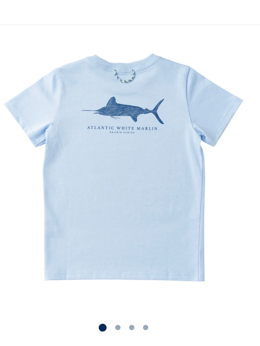Boys Blue Cotton T-Shirt Atlantic White Marlin On Windsurfer
