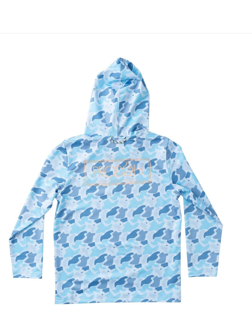 Boys Pro Performance Hoodie T-Shirt – Blue Camo Logo Print