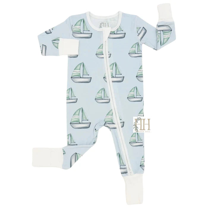 Boys Sailboats Double Zipper Footie