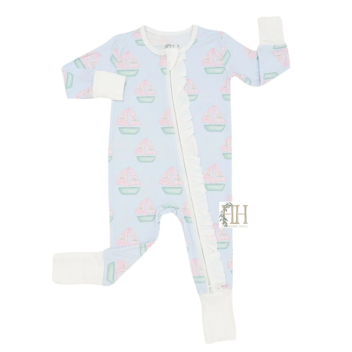 Girls Sailboat Ruffle Double Zipper Footie