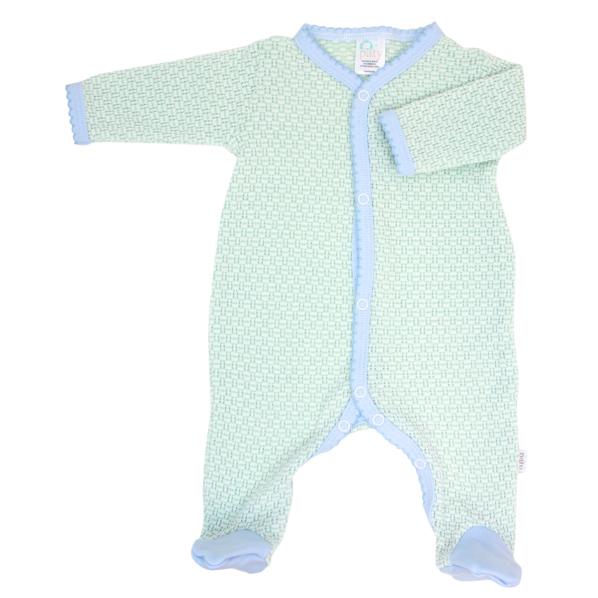 Paty Knit Solid Color Footie with Pima Trim - Mint w/ Blue Trim
