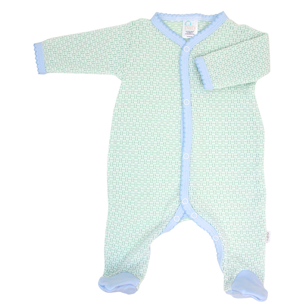 Paty Knit Solid Color Footie with Pima Trim - Mint w/ Blue Trim